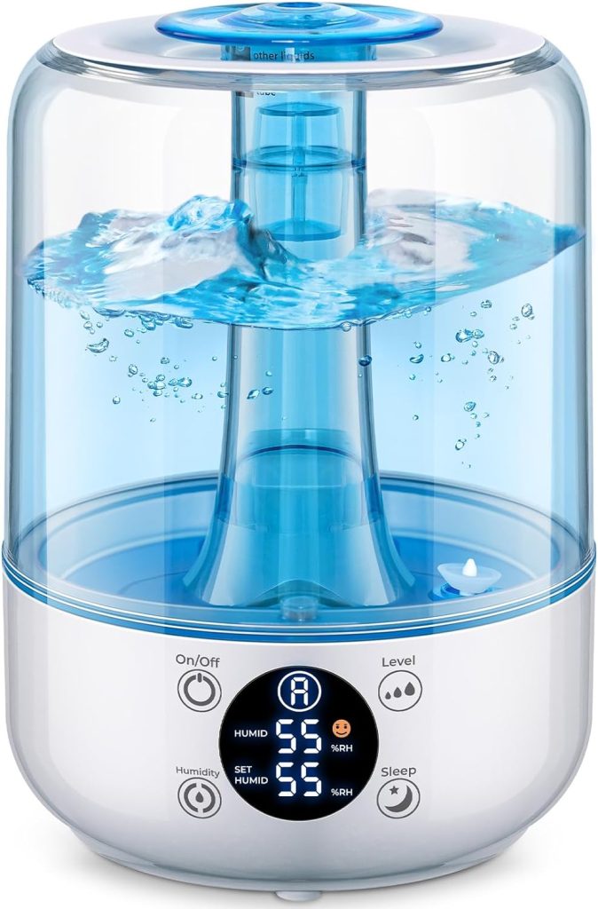 Image showcasing the HiLIFE Oasis Ultrasonic Humidifier, a stylish device featuring a 3L water tank for long-lasting, ultrasonic cool mist. With whisper-quiet operation under 30dB and a smart humidity setting, this easy-to-fill and clean humidifier maintains optimal comfort in any space.