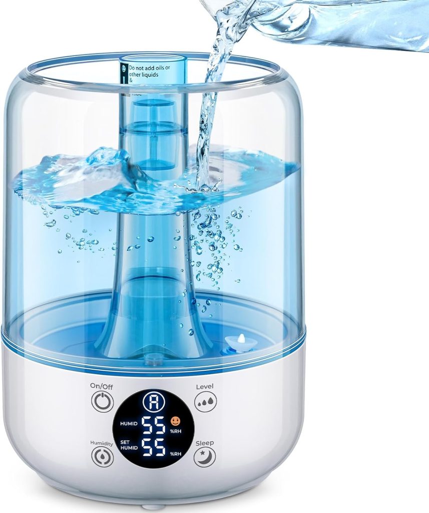 Image of the HiLIFE Ultrasonic Cool Mist Humidifier, a white, modern device with a clear 3L water tank. The top-fill design and adjustable mist levels make it perfect for bedrooms, nurseries, and living areas, providing up to 30 hours of quiet, soothing moisture.