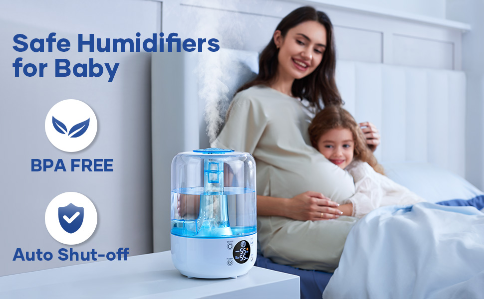 A mother holds her baby while sitting next to a blue and white Hilife humidifier on a white table. The humidifier features an auto shut-off function and is labeled as BPA-free, making it a safe choice for use around babies.